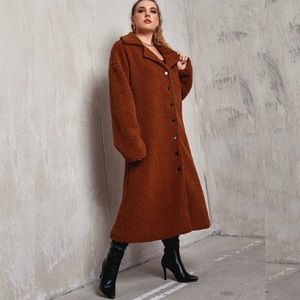 Plus Lapel Collar Single Breasted Drop Shoulder Teddy Coat